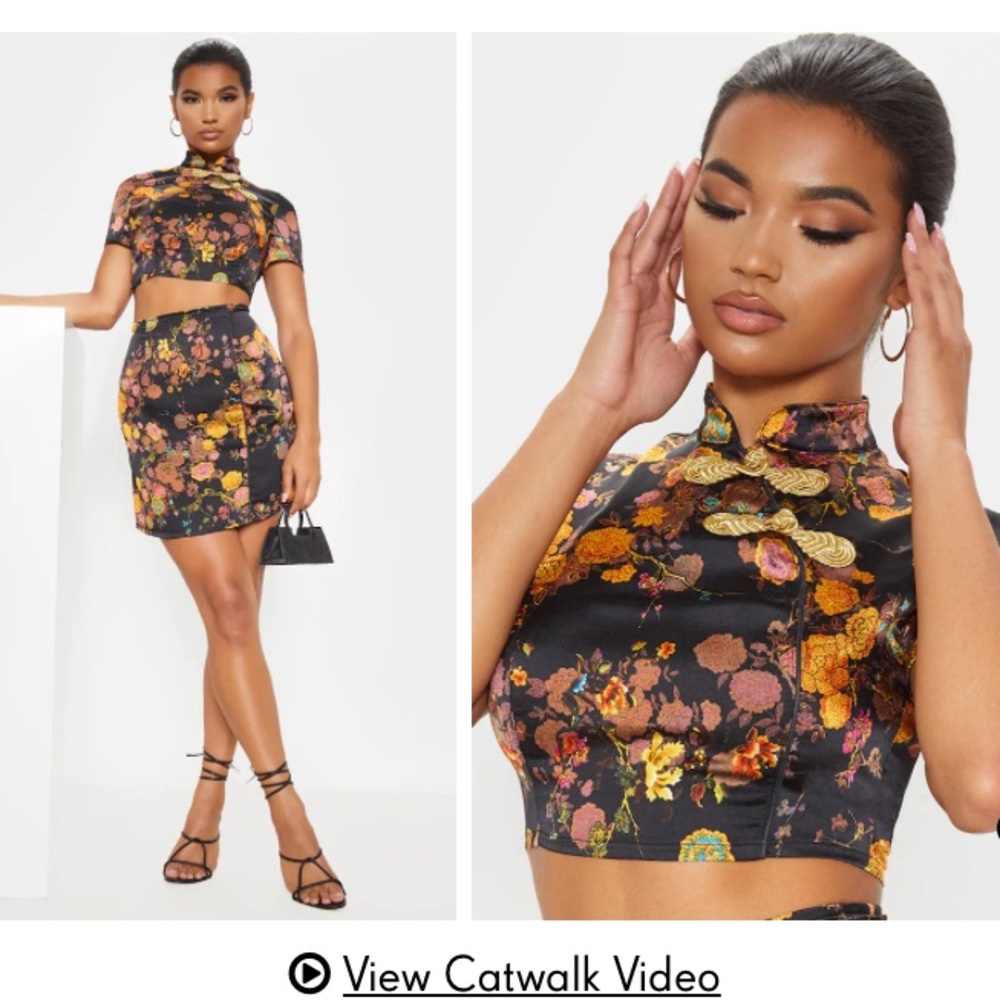 Black Print Satin High Neck Short Sleeve Crop Top